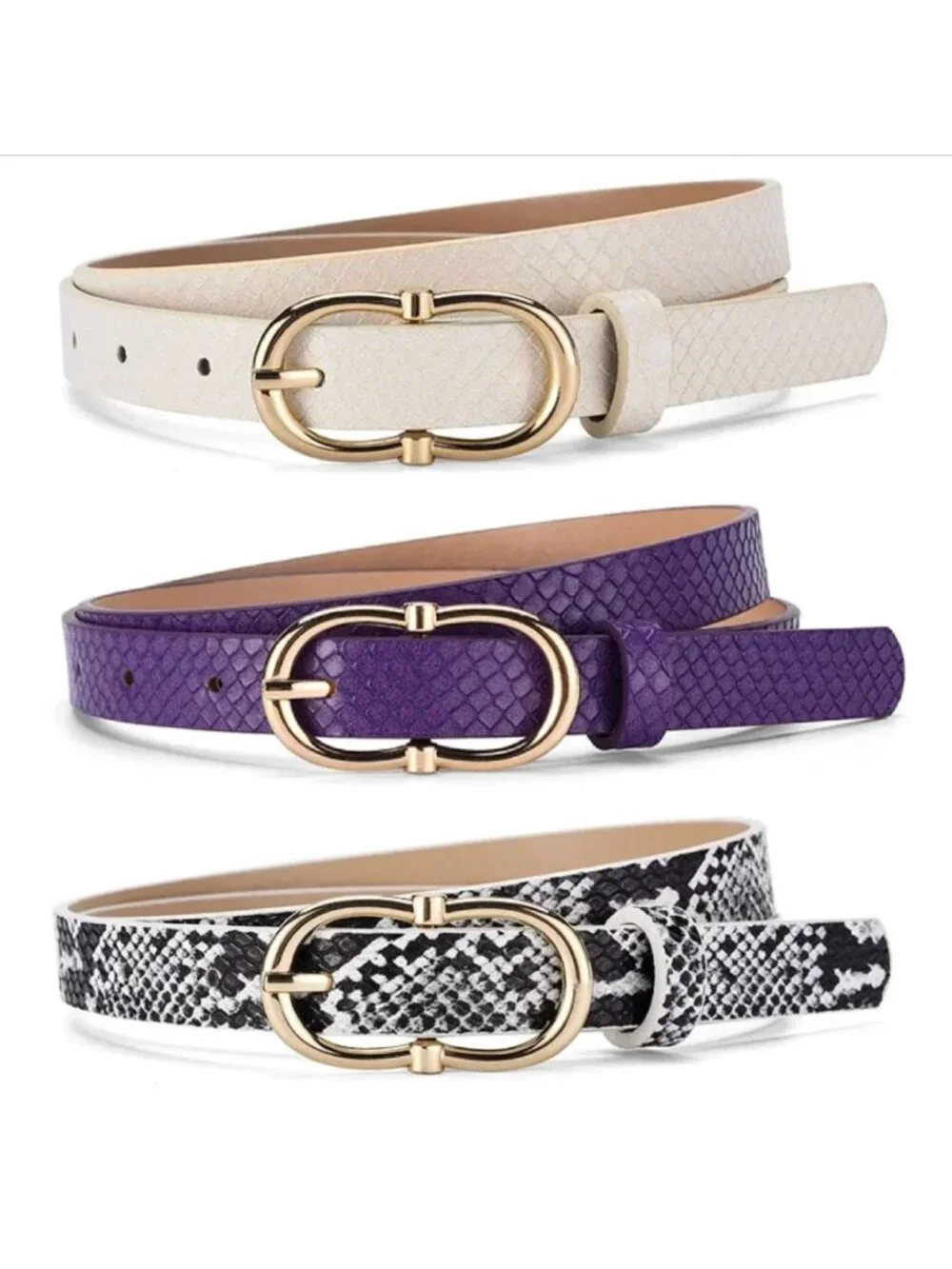 Snake Print PU Leather Skinny Belt Set Beige, Purple, Black & White Gold Metal